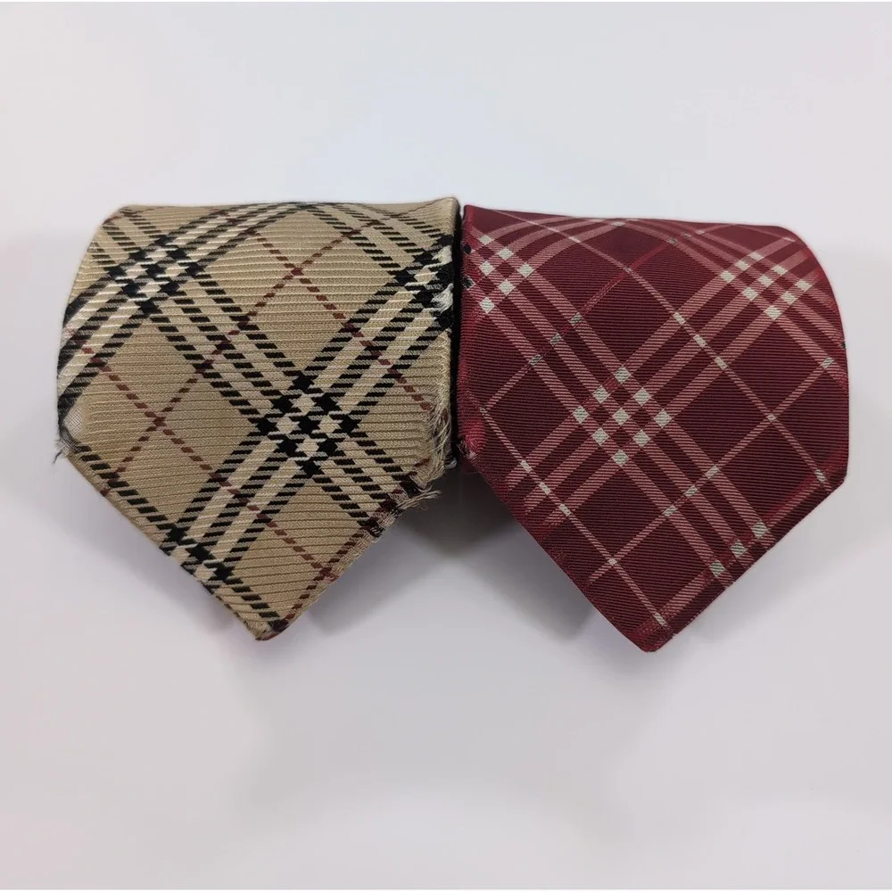 Burberry Mens Neckties Lot 2 OS Tan Red Nova Check Silk AS IS Craft Repair